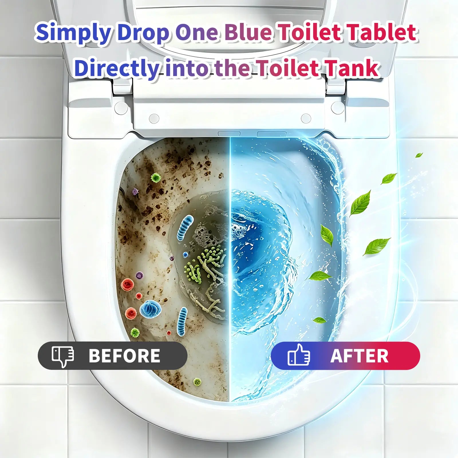 Split view of a toilet bowl: heavy staining and bacterial buildup on the left, clean blue treated water on the right