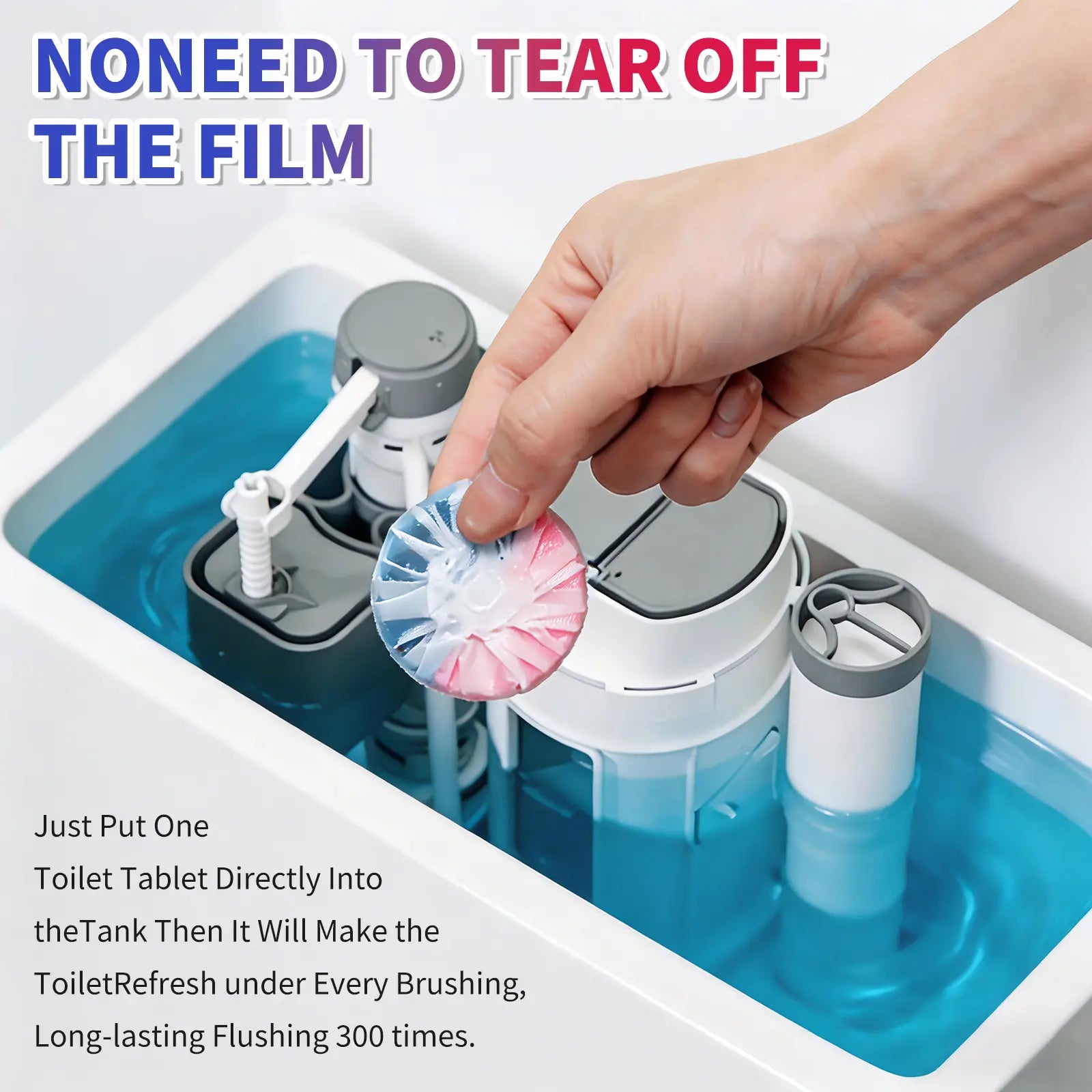 A hand dropping the FOREKIND dual-colour tablet straight into a toilet cistern, no wrapper to remove