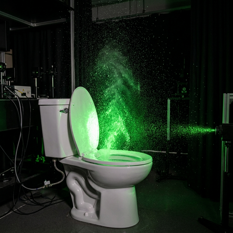 A laser light sheet in a dark laboratory revealing the aerosol plume erupting from a toilet mid-flush