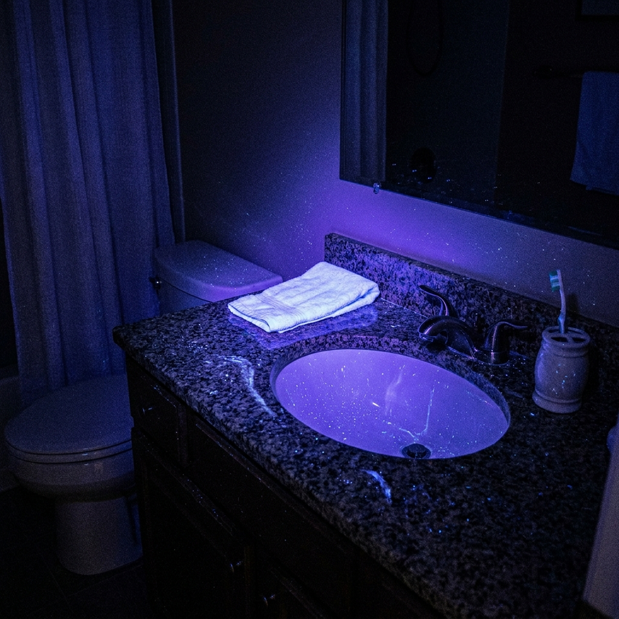 An ordinary tidy bathroom photographed under ultraviolet light, showing scattered droplet residue across the counter, tap and toothbrush holder