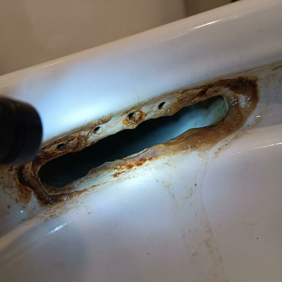 Close-up under a toilet rim showing the mineral scale and dark buildup coating the rim channel and jet holes