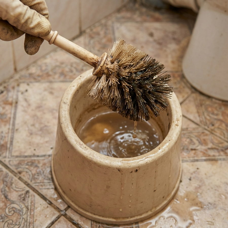 A used toilet brush lifted out of its holder, with murky brown water pooled in the base below it