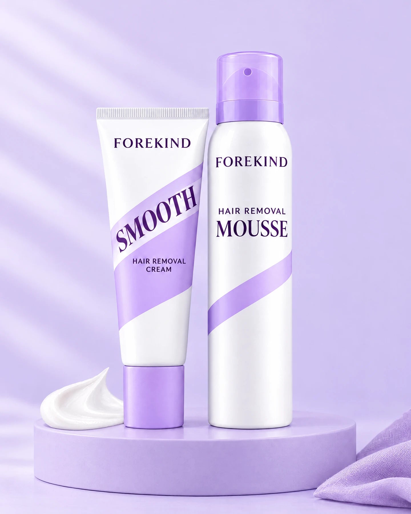 FOREKIND hair-removal foam beside the SMOOTH hair-removal cream gift on a lavender background