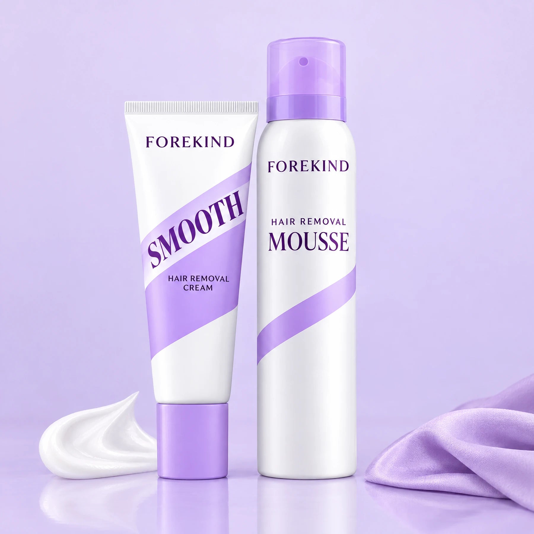 FOREKIND hair-removal foam with the included SMOOTH hair-removal cream on a lilac display.